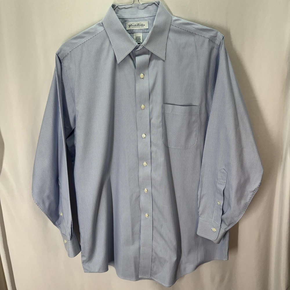 Brooks Brothers Mens Dress Shirt 16 32/33 Blue White Striped Non-Iron Preppy